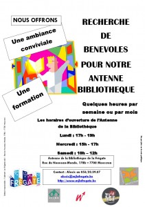 FLYER RECH BENEV BIBLIO 2012 211x300 RECHERCHE DE BENEVOLES POUR NOTRE ANTENNE BIBLIOTHEQUE